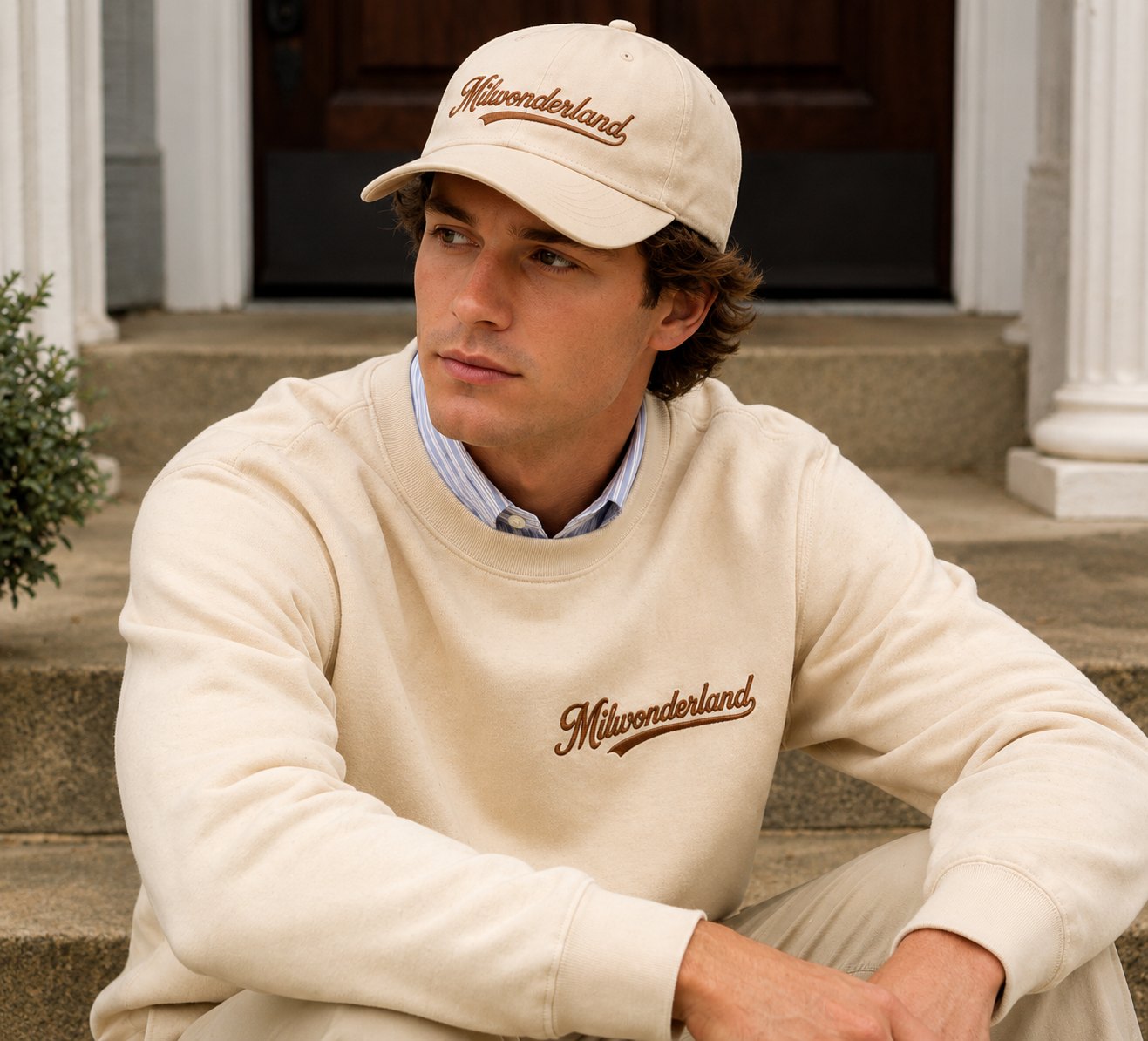 Man wearing the cream Milwonderland cap and crewneck