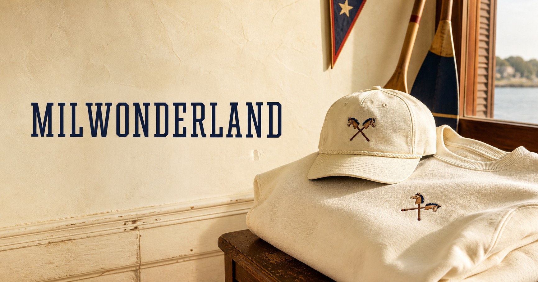 A cream rope cap and a folded cream crewneck, both carrying the crossed hobby horse crest, on a bench by a window over the lake. MILWONDERLAND painted on the plaster wall behind.