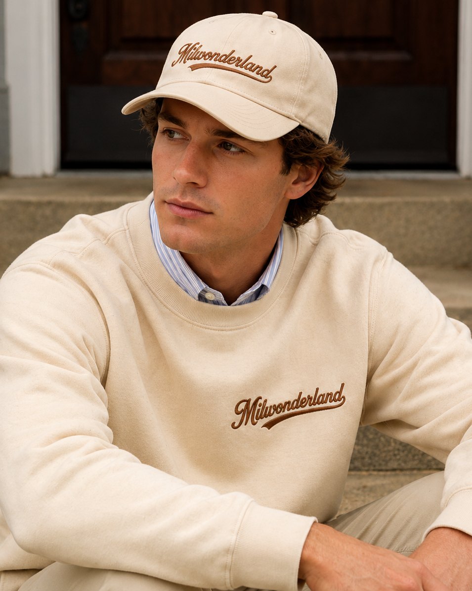 The bone crewneck worn with the rope cap, seated on a porch step.
