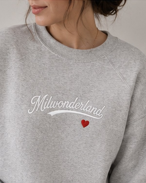 Close up of the white script and red heart on grey heather.