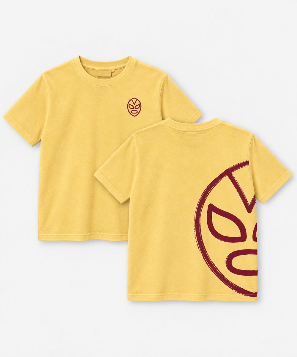 Kids' yellow tee: a small maroon luchador mask on the chest, an oversized mask wrapping the back.
