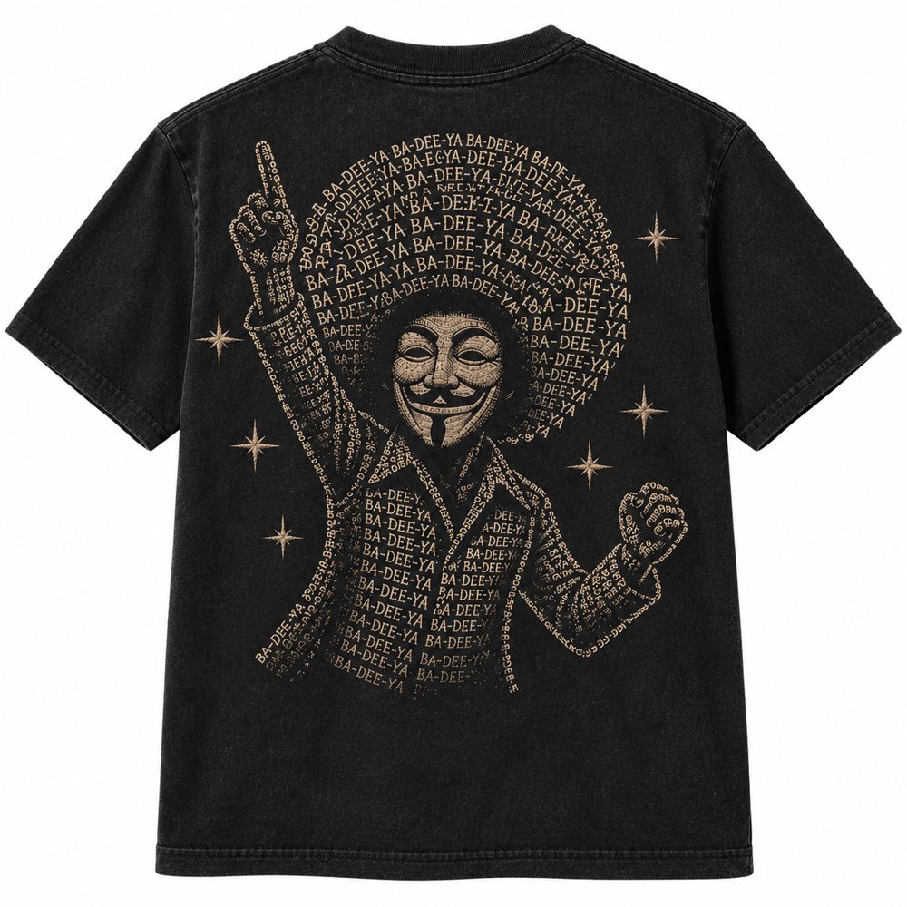 The back of the September Tee: a figure pointing at the sky, printed in tan on washed black.