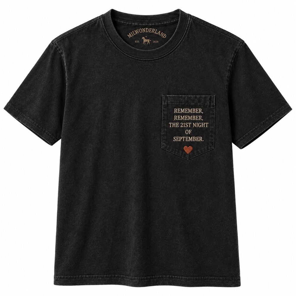 The front of the September Tee: the pocket date and heart.